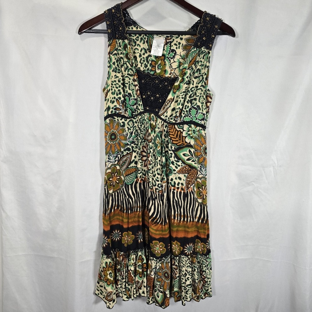 Forbidden Womans Small Dress Y2k Green Colorful Floral Beaded Sleeveless Boho